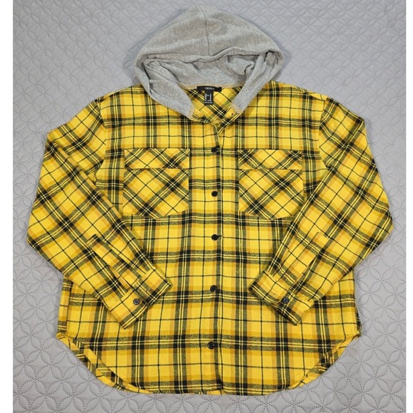 Forever 21 Other - Forever 21 Mens Yellow Black Plaid Hooded Flannel Shirt Button Up Medium